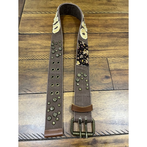Etui Canvas Belt Womens 28 Brown Good Old Trend Patchwork Studded Grommet Double